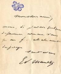 Lettre autographe signée d'Édouard Manet à Stéphane Mallarmé